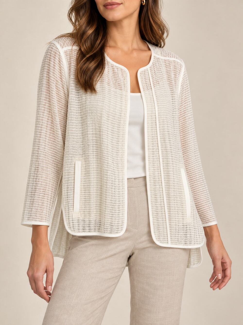 Lafayette 148 Lightweight Sheer Jacket Womens Medium Ivory Textured Open Blazer